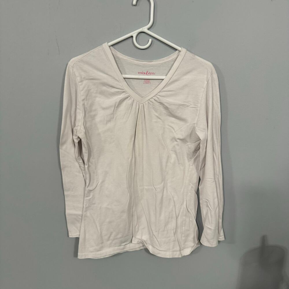 Mix & Co Solid White V-Neck Long Sleeve Tee Shirt Size Large